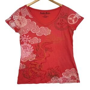 Lucky Brand Salmon Pink Asian Motif Dragon Embroidered Vneck Tshirt sz L Boho